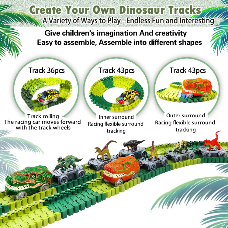 Dino Glow Track Adventure ā Flexible Race Track with Light-Up Train & Cars