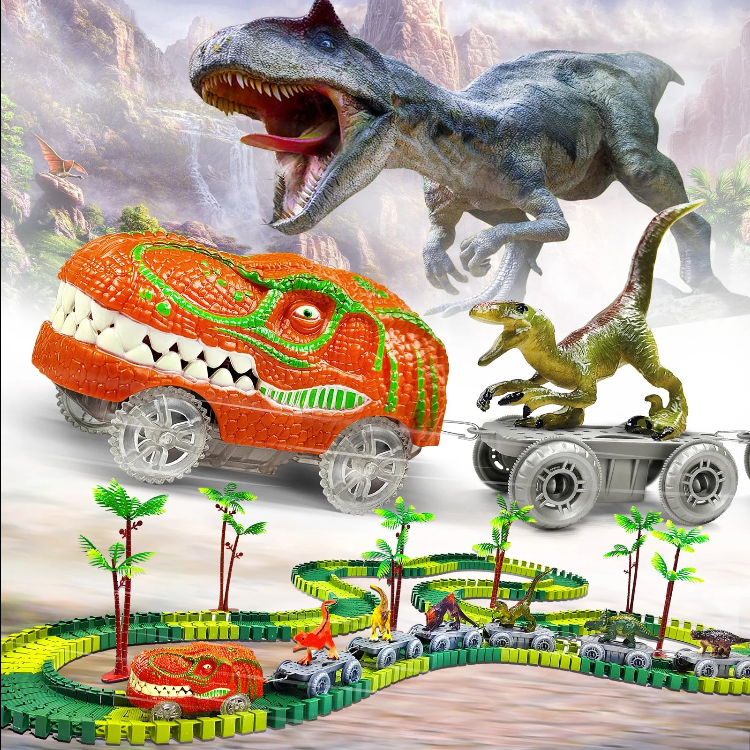 Dino Glow Track Adventure ā Flexible Race Track with Light-Up Train & Cars
