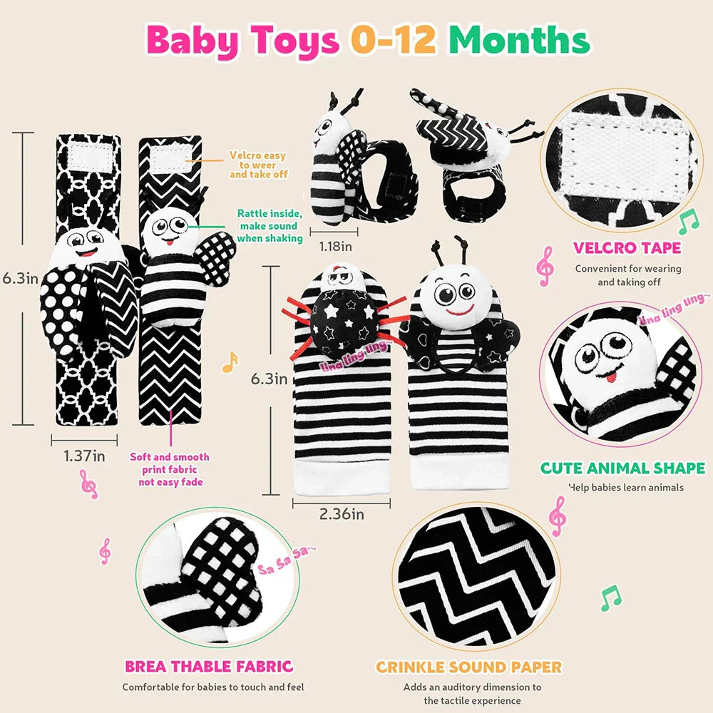 Baby Rattle Socks & Wrist Rattles – Cute Animal Foot Finder Set