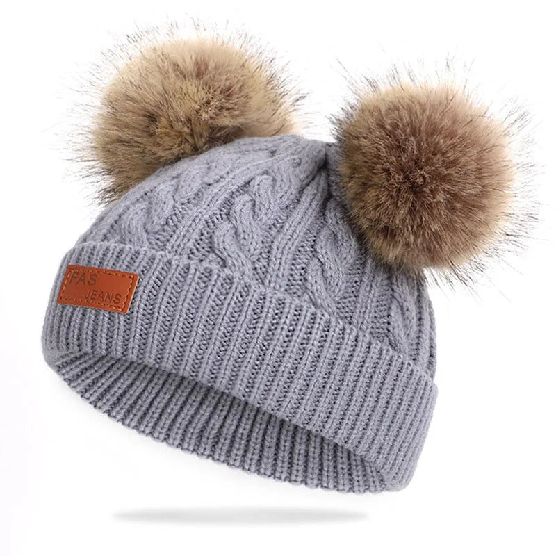 Cute Double Wool Pompom Baby Hat – Cozy Knit Beanie for Winter