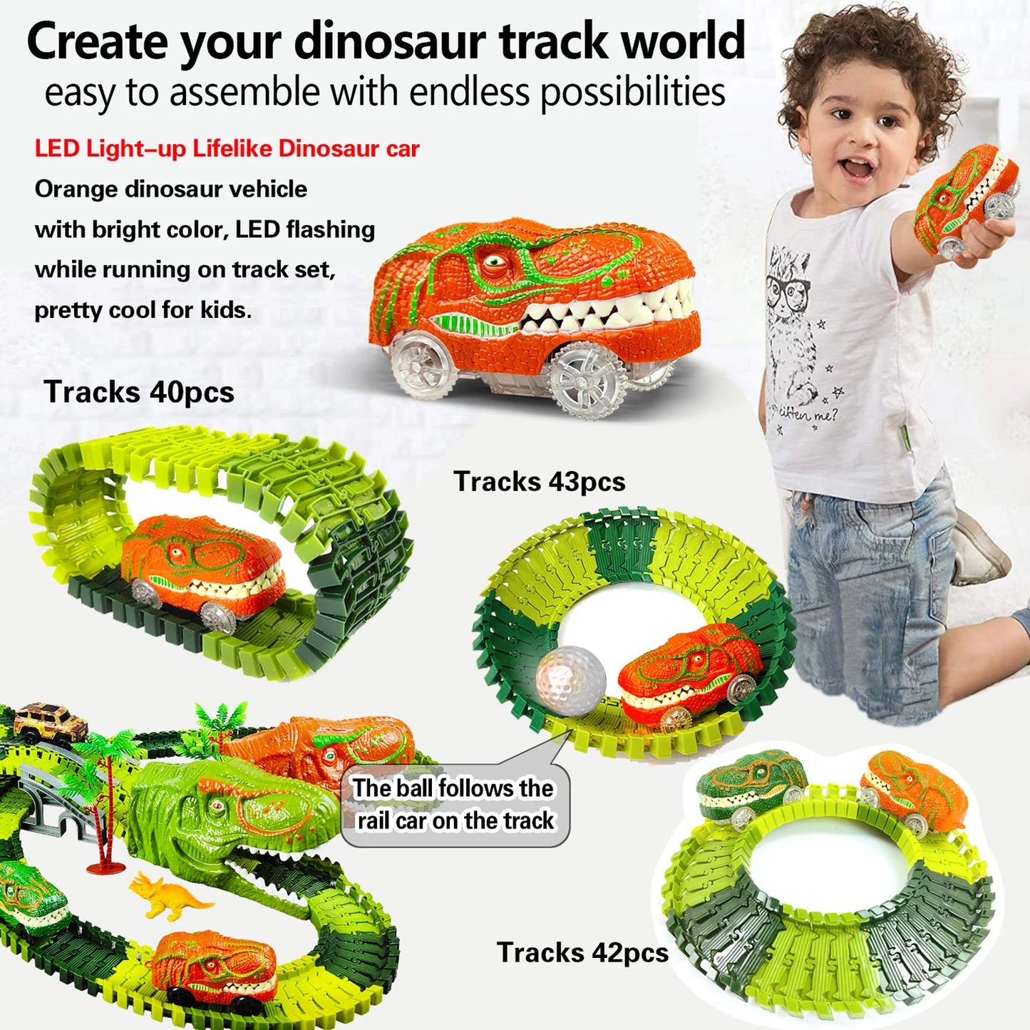 Dino Glow Track Adventure ā Flexible Race Track with Light-Up Train & Cars