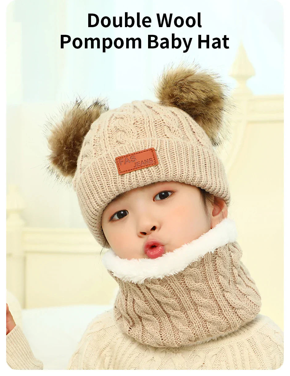 Cute Double Wool Pompom Baby Hat – Cozy Knit Beanie for Winter