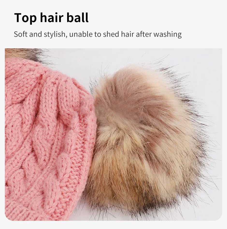 Cute Double Wool Pompom Baby Hat – Cozy Knit Beanie for Winter