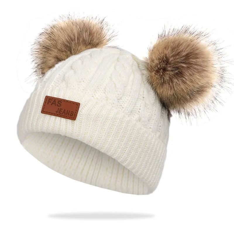 Cute Double Wool Pompom Baby Hat – Cozy Knit Beanie for Winter