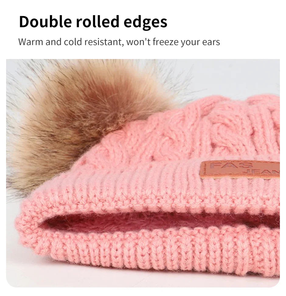 Cute Double Wool Pompom Baby Hat – Cozy Knit Beanie for Winter