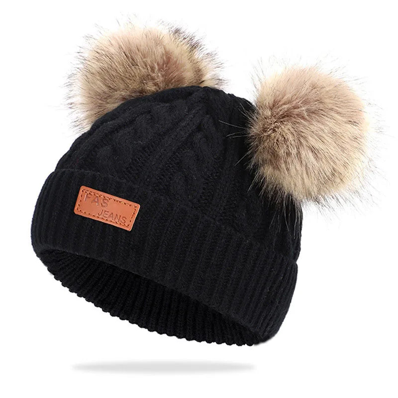 Cute Double Wool Pompom Baby Hat – Cozy Knit Beanie for Winter