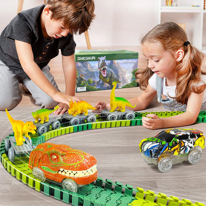 Dino Glow Track Adventure – Flexible Race Track with Light-Up Train & Cars