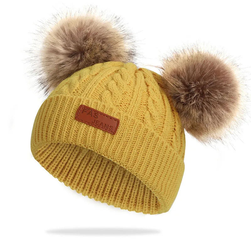 Cute Double Wool Pompom Baby Hat – Cozy Knit Beanie for Winter