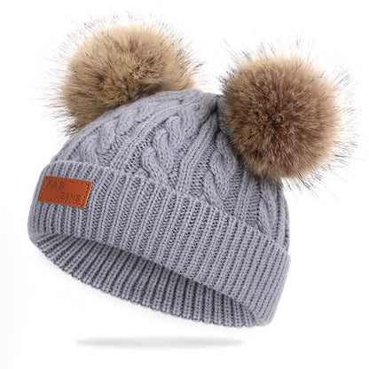 Cute Double Wool Pompom Baby Hat – Cozy Knit Beanie for Winter