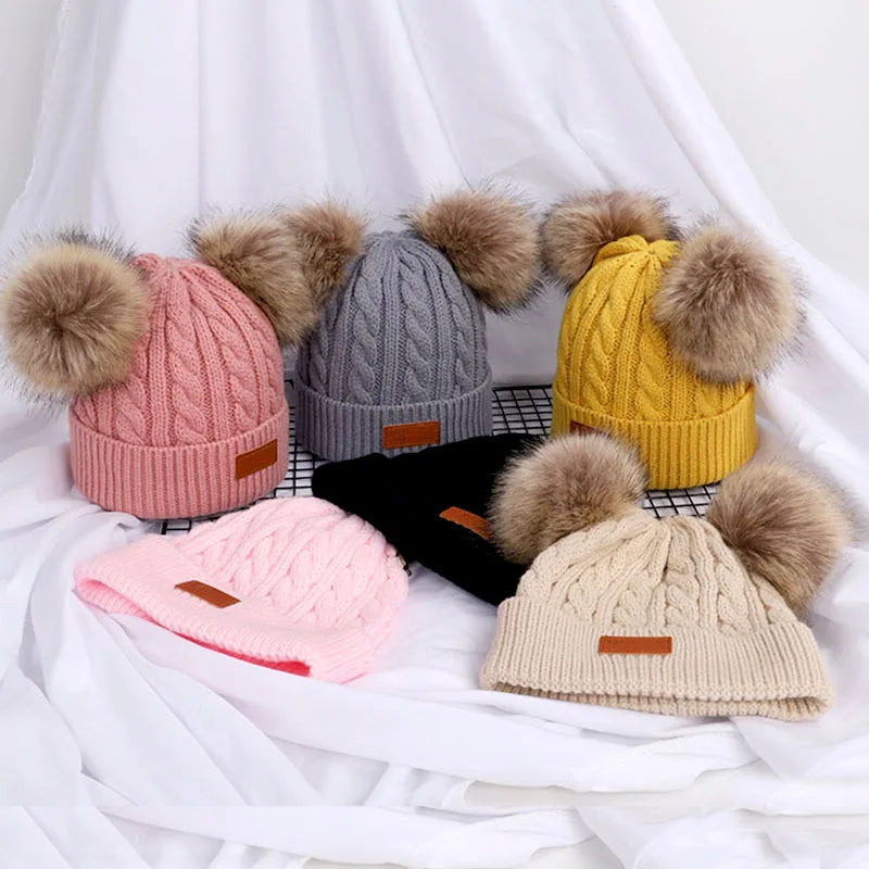 Cute Double Wool Pompom Baby Hat – Cozy Knit Beanie for Winter