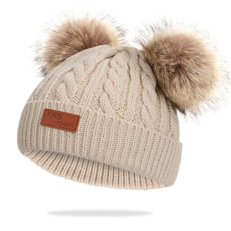 Cute Double Wool Pompom Baby Hat – Cozy Knit Beanie for Winter