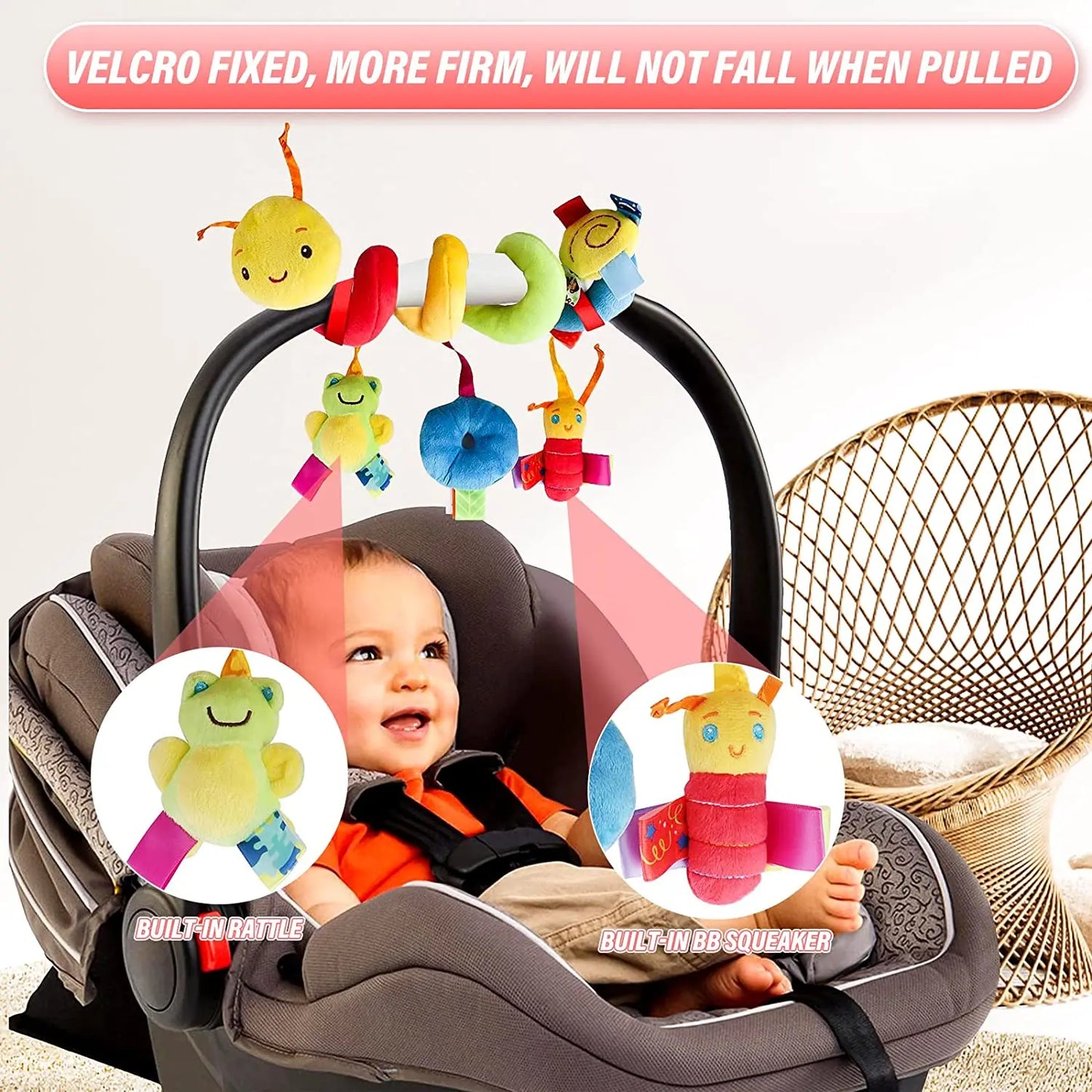 Baby Hanging Toy – Plush Spiral Stroller Activity Toy with Rattles & Squeakers