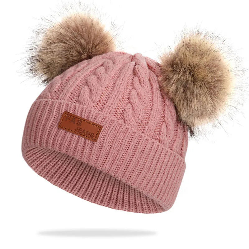 Cute Double Wool Pompom Baby Hat – Cozy Knit Beanie for Winter