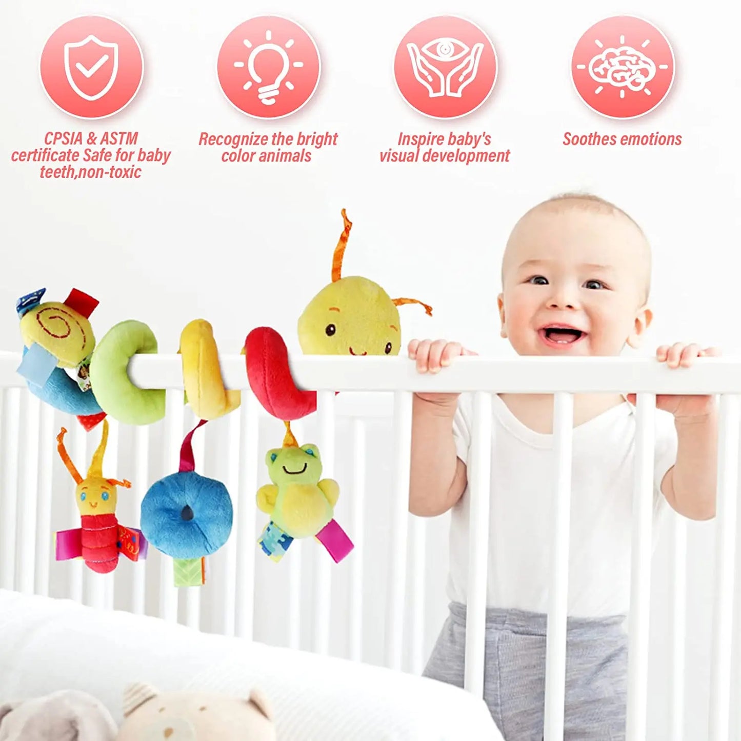 Baby Hanging Toy – Plush Spiral Stroller Activity Toy with Rattles & Squeakers