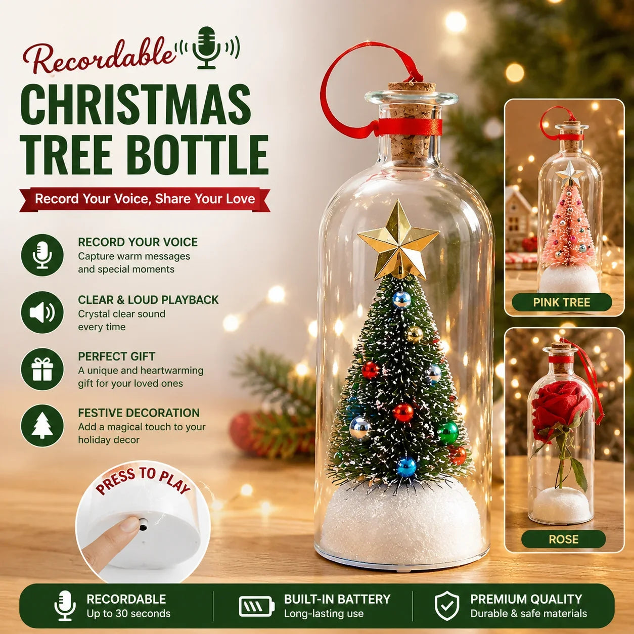 MerryVoice Recordable Christmas Tree Bottle Ornament
