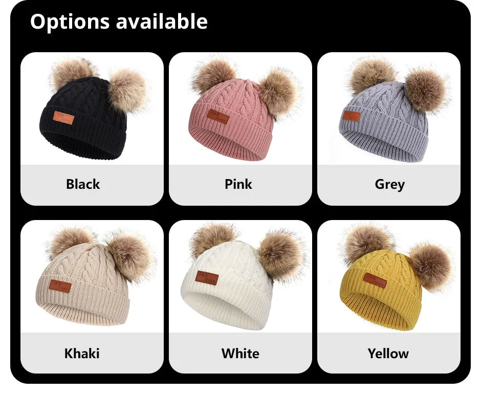 Cute Double Wool Pompom Baby Hat – Cozy Knit Beanie for Winter