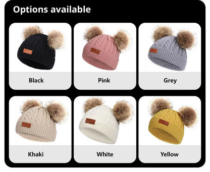 Cute Double Wool Pompom Baby Hat – Cozy Knit Beanie for Winter