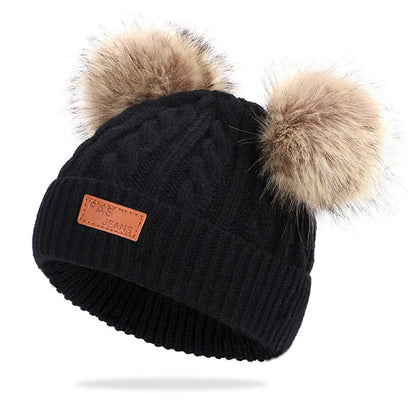 Cute Double Wool Pompom Baby Hat – Cozy Knit Beanie for Winter
